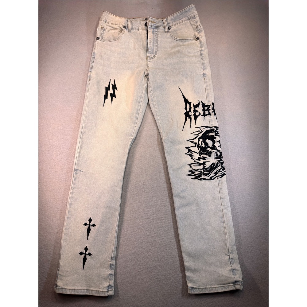Rebel Vengeance Mens 30 Light Wash Graphic Embroidered Skull Streetwear Jeans